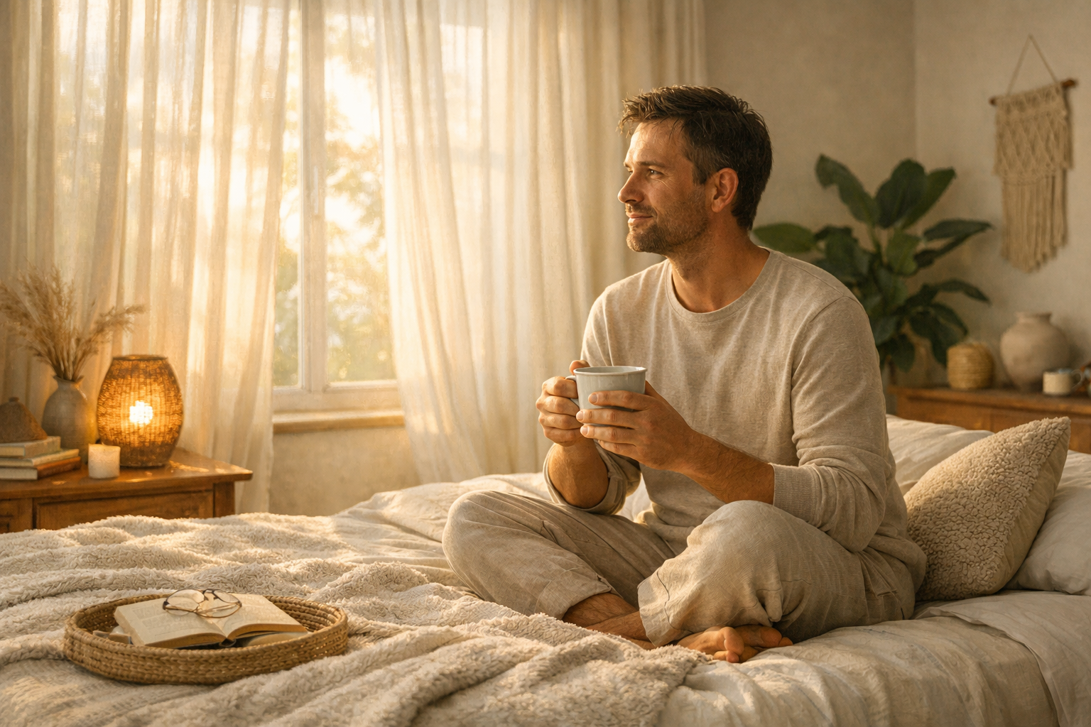 A serene morning scene with soft golden sunlight streaming through sheer curtains, a person sitting peacefully on a bed with a warm cup of tea, cozy neutral-toned bedroom interior with plants and natural textures, wellness lifestyle photography