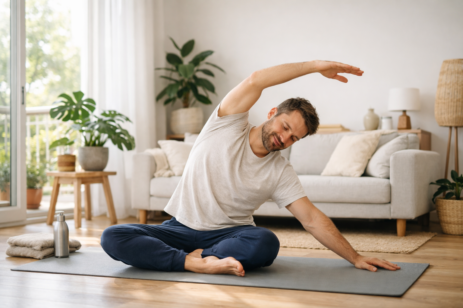 Person doing gentle yoga stretches on a yoga mat in a bright living room with large windows, morning light, indoor plants, minimalist scandinavian interior design, peaceful wellness atmosphere, lifestyle photography